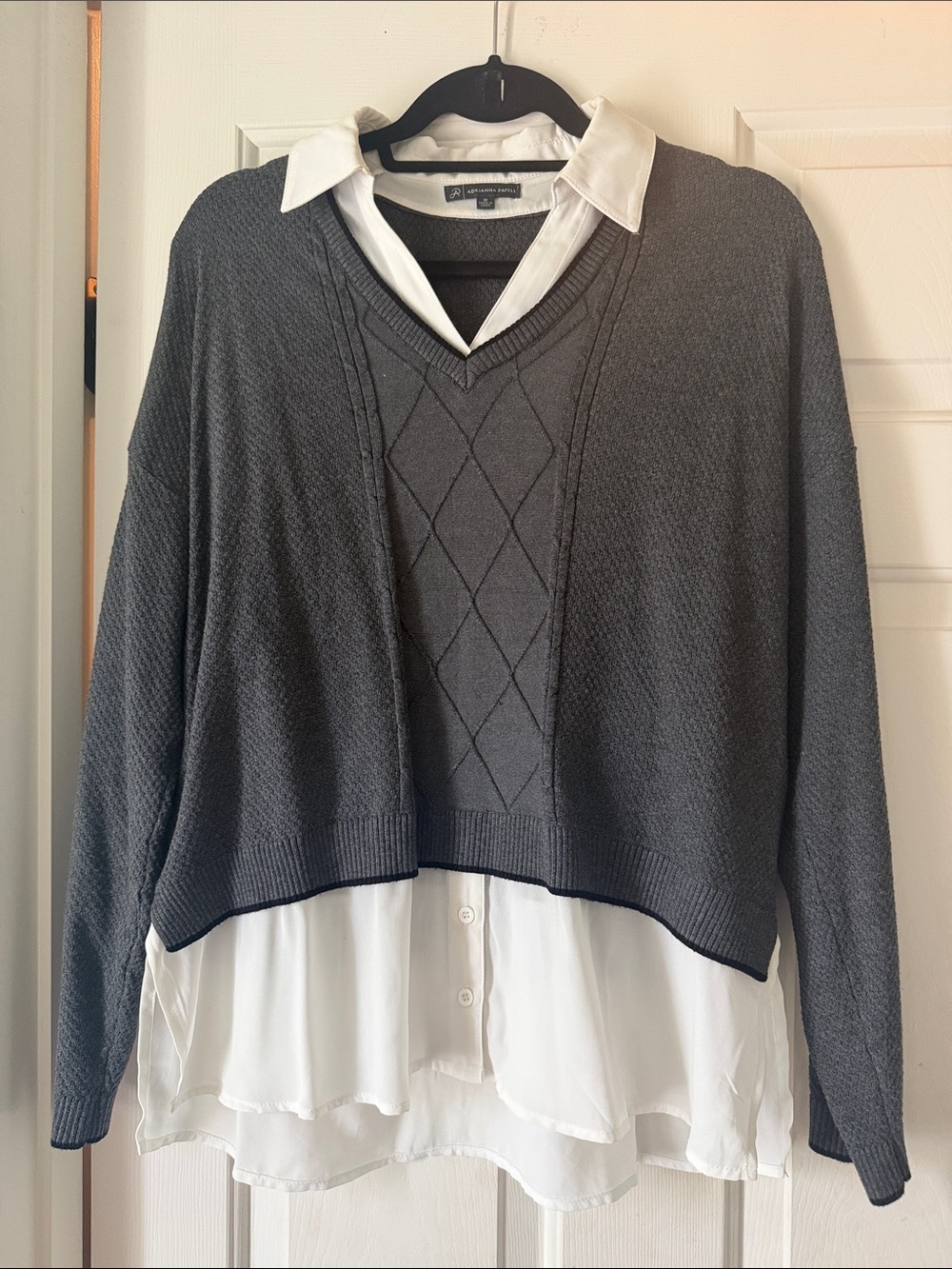 Adrianna Papell Gray Layered V-Neck Sweater with Shirt Hem